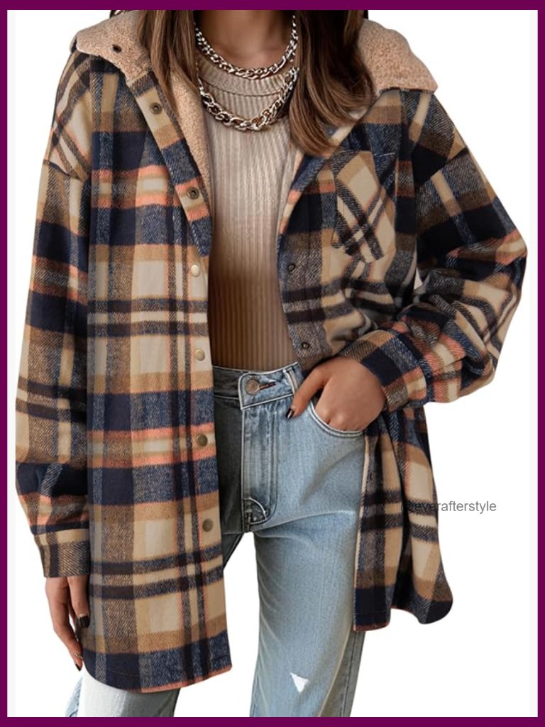 Womens Flannel Hooded Shacket Thick Winter Coat Button Down Warm Fleece Jacket